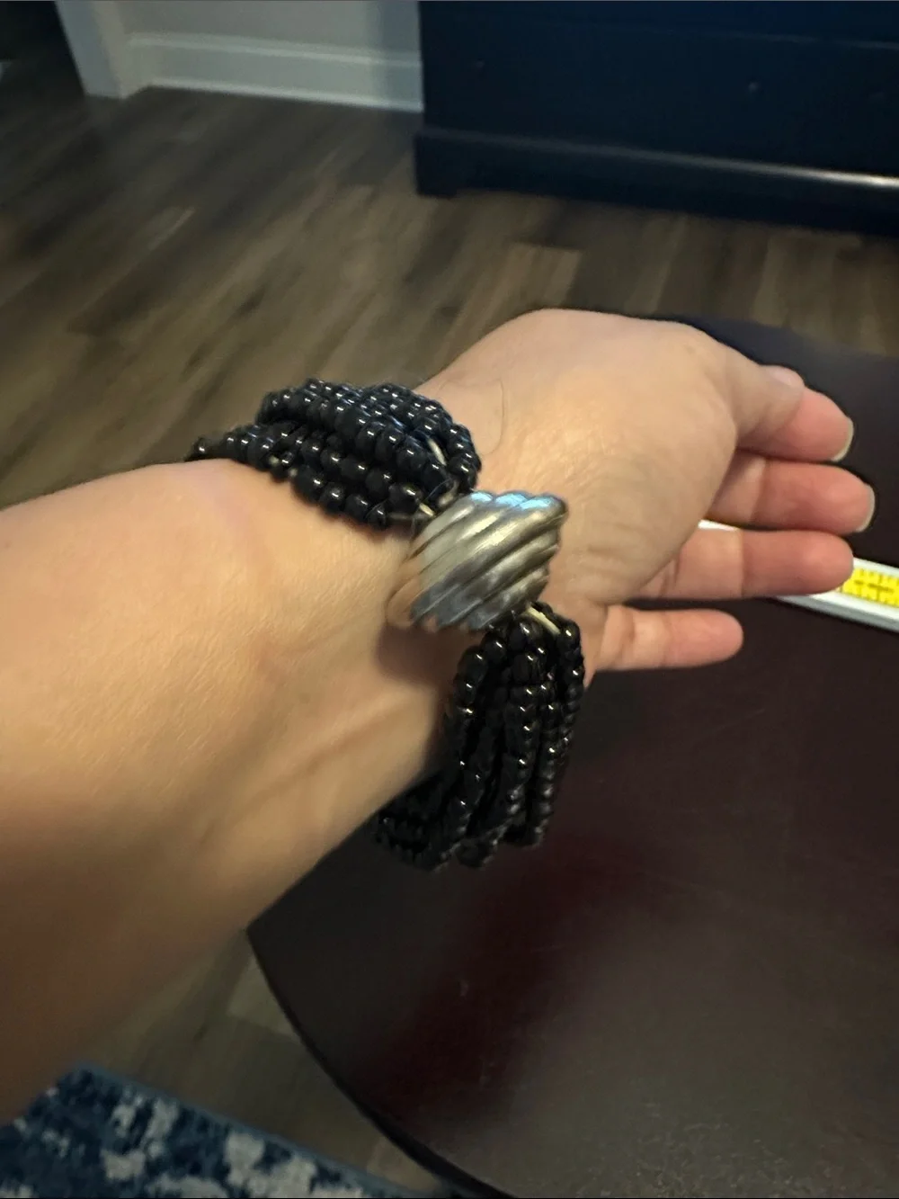 Multi-Strand Black Beaded Bracelet with Silver-Tone Accent